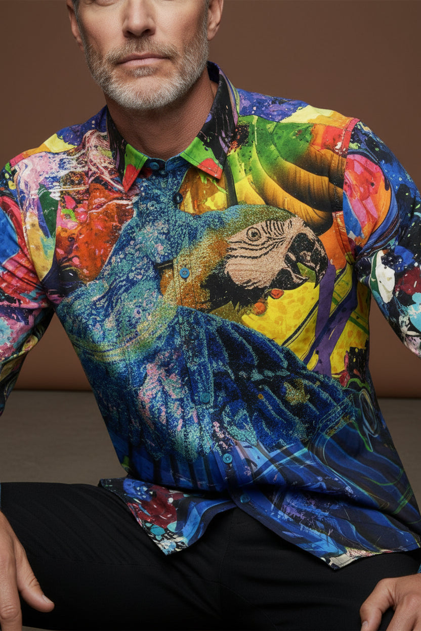 Tropical Parrot Print Luxury Shirt - Vibrant Blue Multi-Color Statement Piece