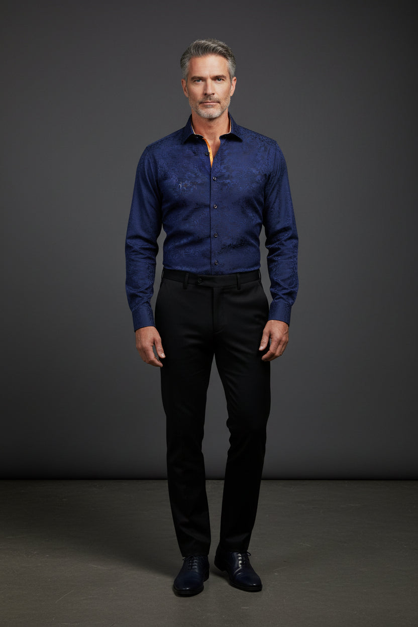 Vercini Men’s Royal Blue Damask Cotton Shirt with Yellow Geometric Accents