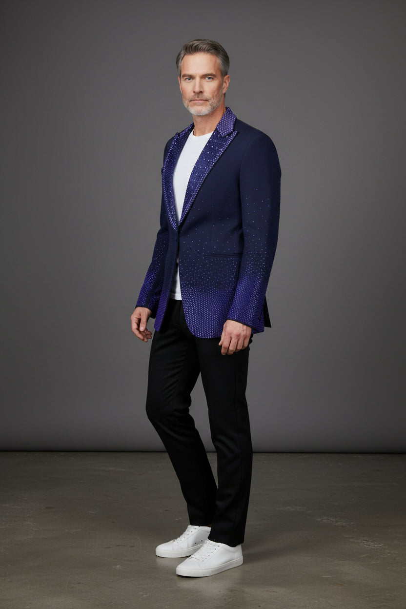 Men’s Slim-Fit Crystal-Embellished Blazer with Studded Quilted Lapels