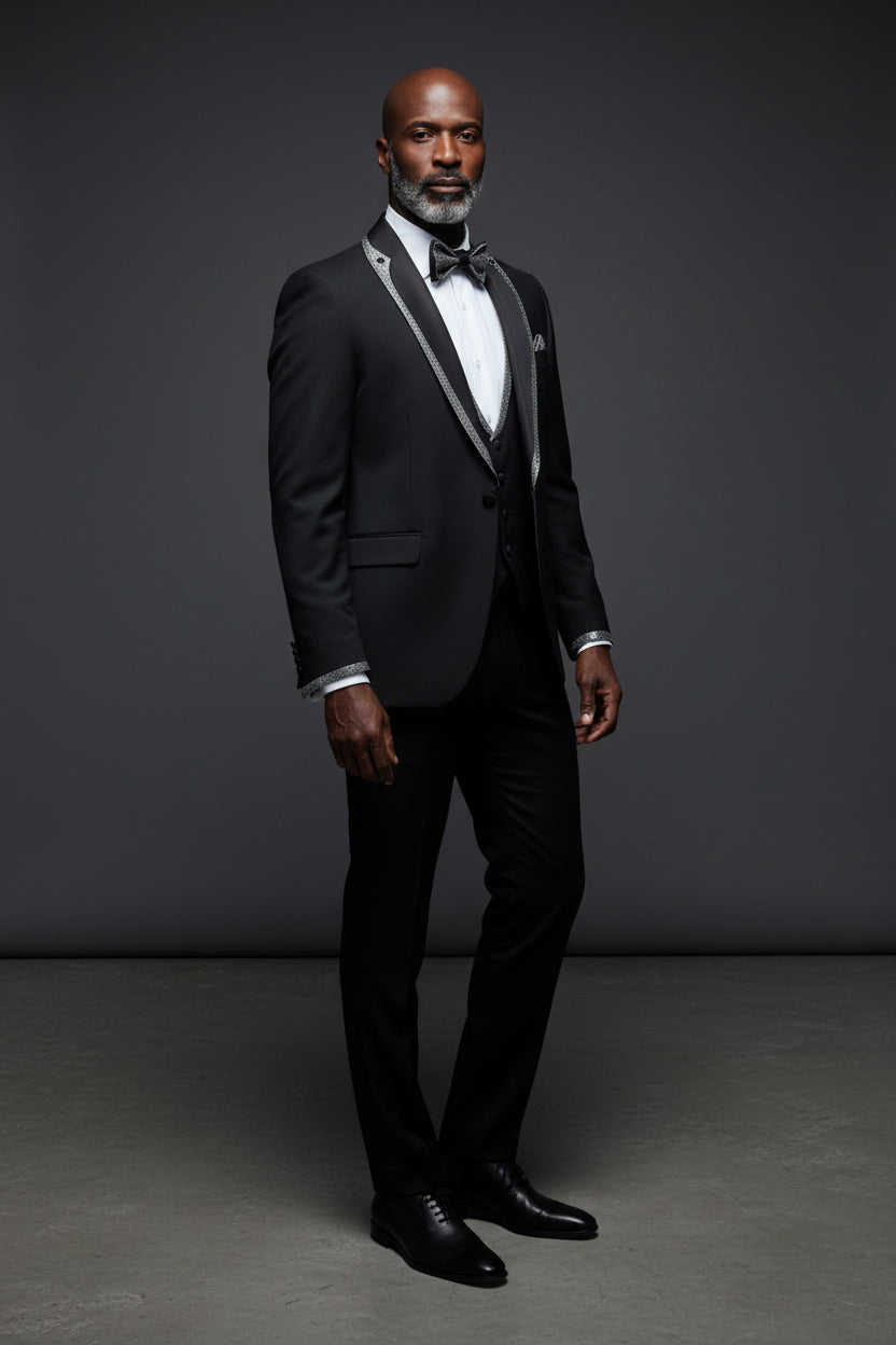 Vercini Evening Tuxedo featuring a sleek shawl lapel adorned with a striking shiny red trim.g