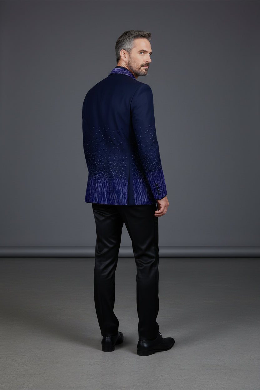 Men’s Slim-Fit Crystal-Embellished Blazer with Studded Quilted Lapels