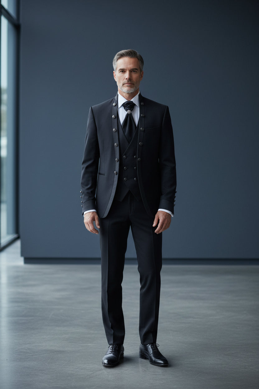 Black Tuxedo with Patterned Vest - Slim Fit