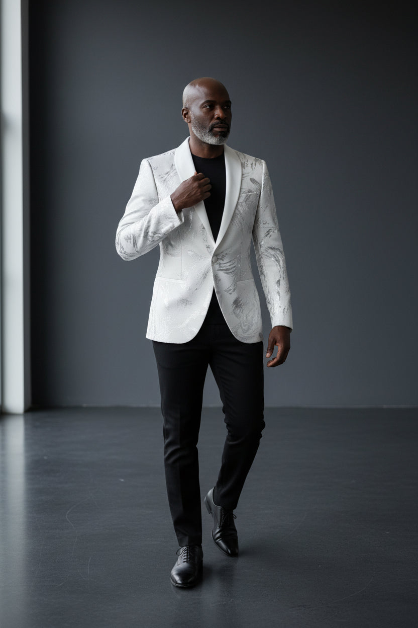 Vercini Monarch Brush Tuxedo Jacket - Black Shawl Lapel Blazer with Silver Abstract Design