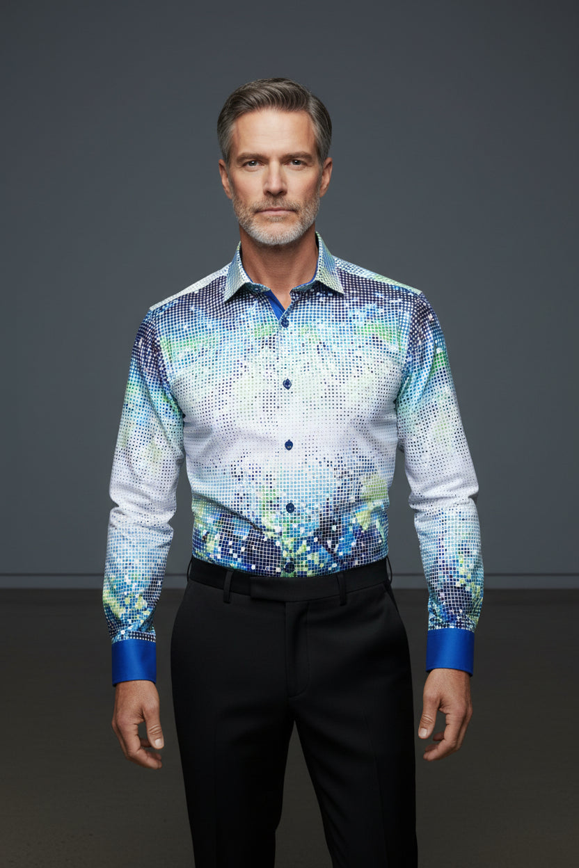 Vercini Mosaic Pixel Cotton Dress Shirt - Blue & Green Geometric Pattern