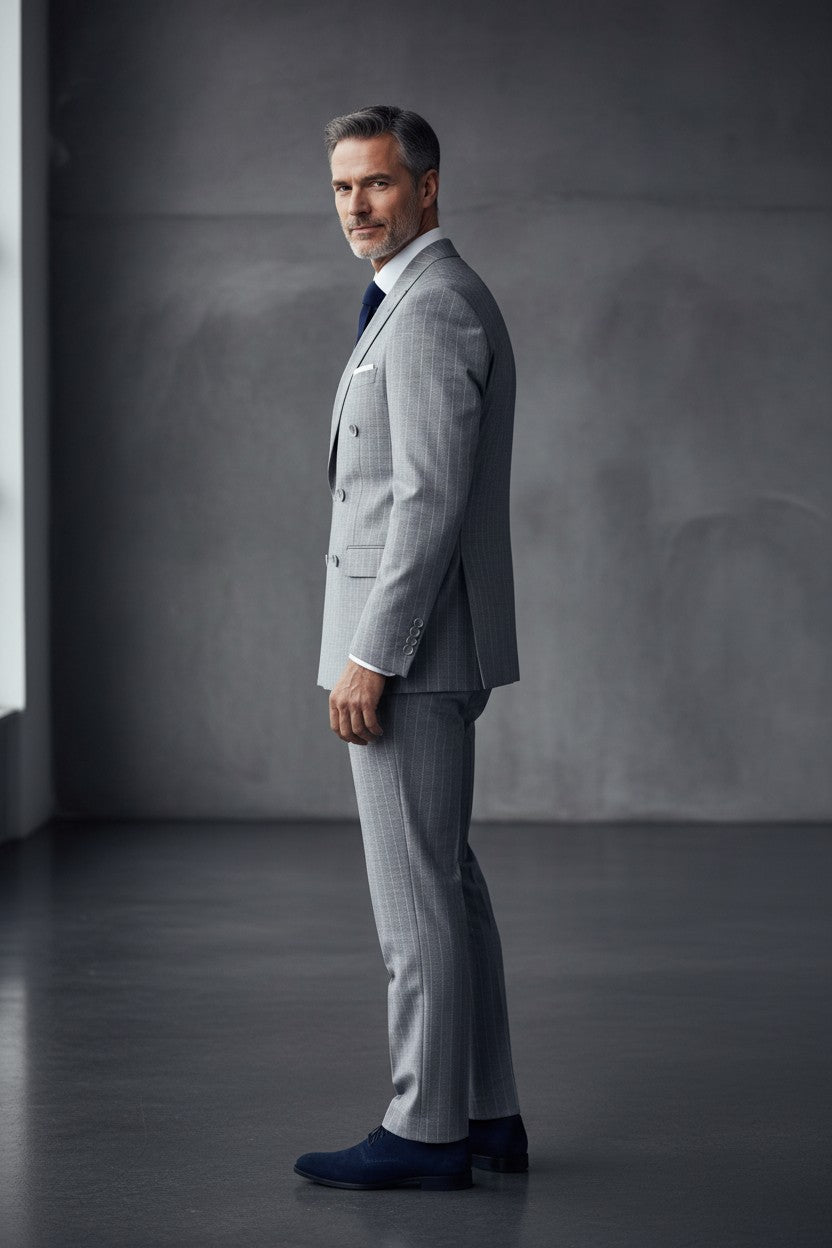 Double-Breasted Grey Suit – Classic Sophistication and Modern Charm