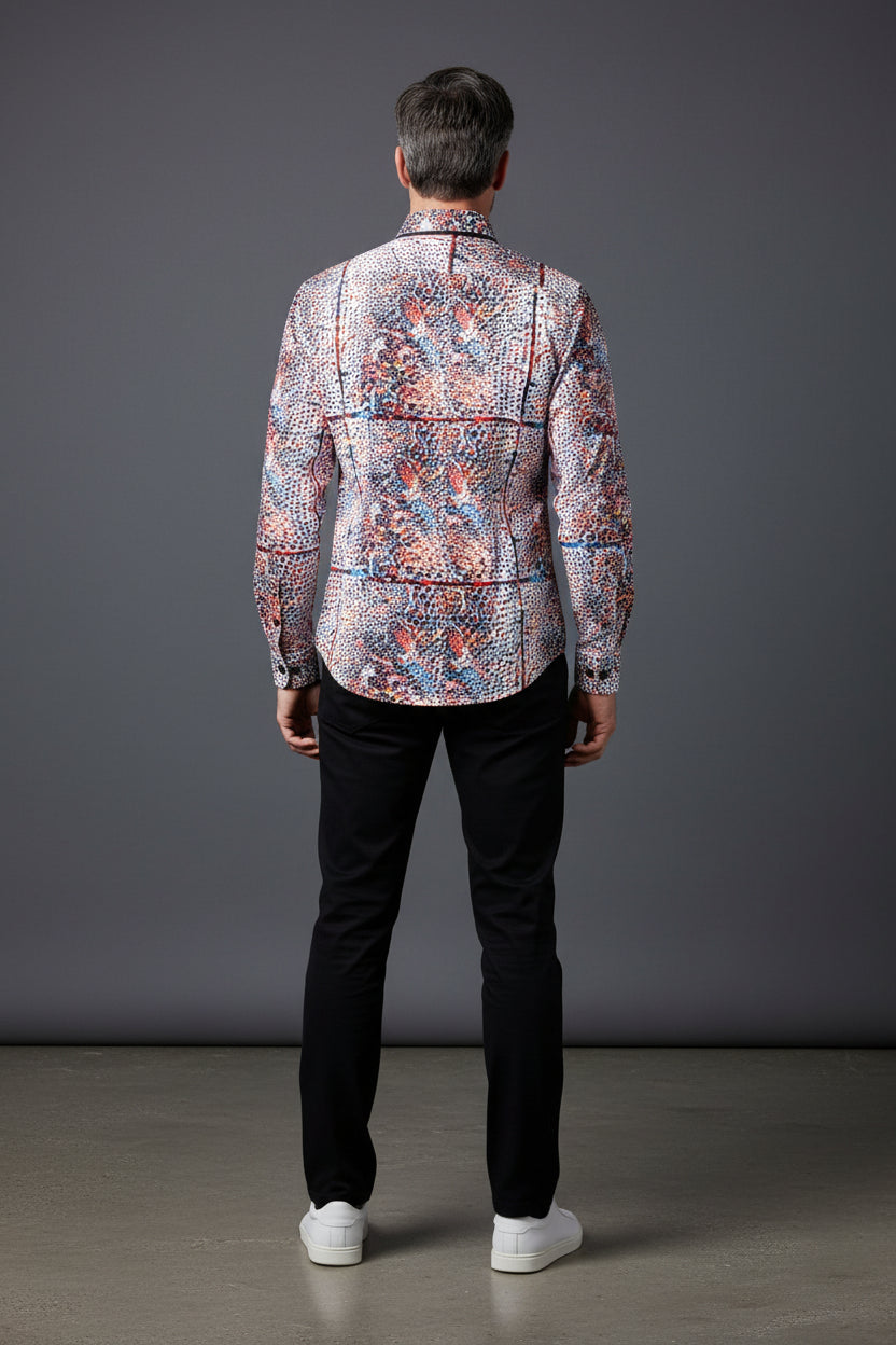 Vercini Men’s Vibrant Abstract Print Long Sleeve Dress Shirt – Designer Style
