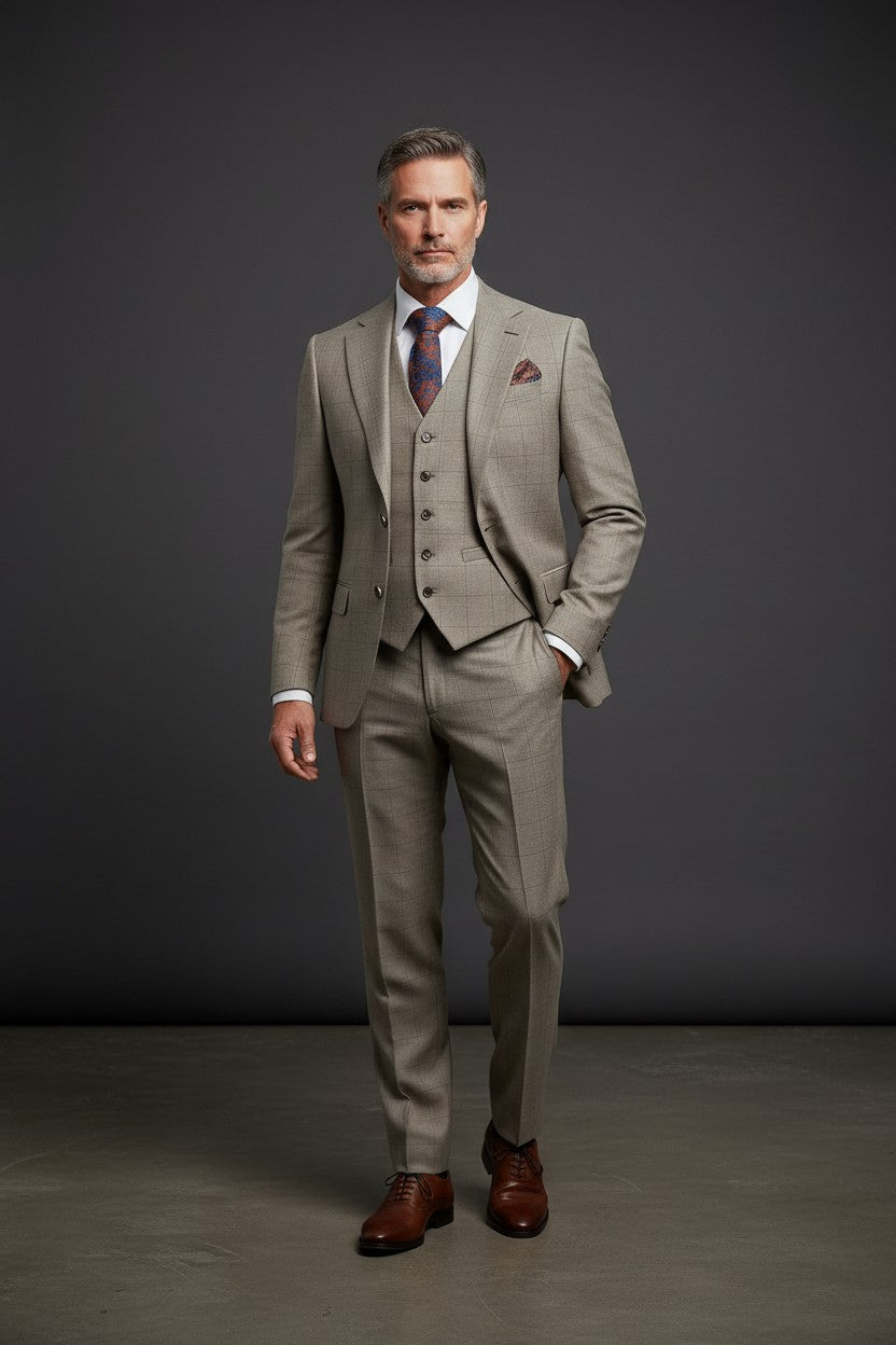 Brown Suit with Stylish Square Pattern – Classic & Sophisticated Look