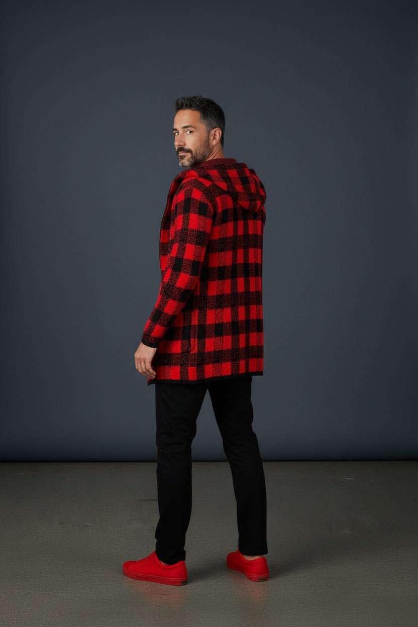 Red & Black Checkered With Hood Full Zip