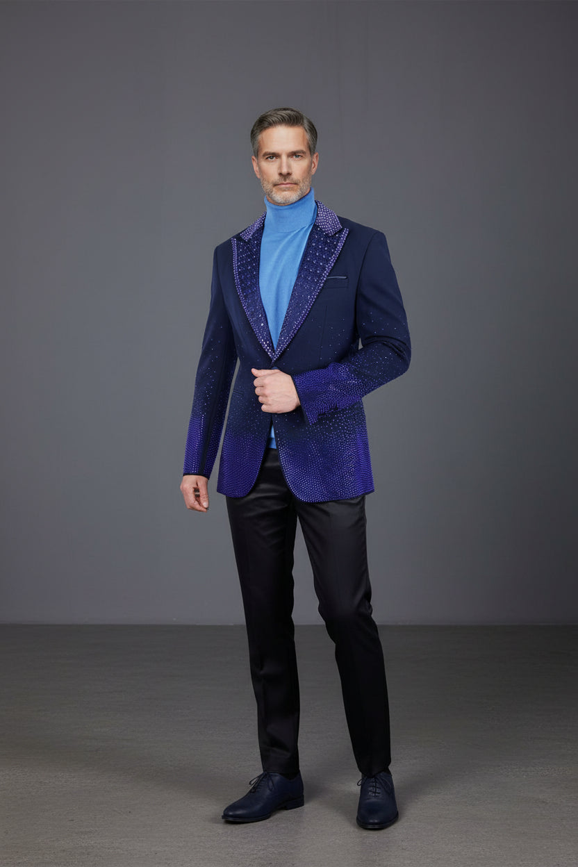 Men’s Slim-Fit Crystal-Embellished Blazer with Studded Quilted Lapels