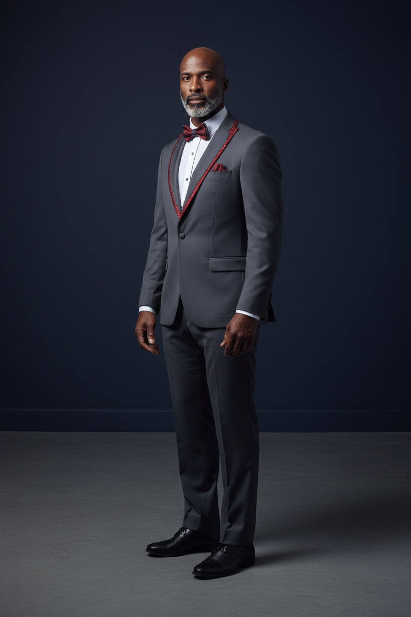 Vercini Evening Tuxedo featuring a sleek shawl lapel adorned with a striking shiny red trim.g