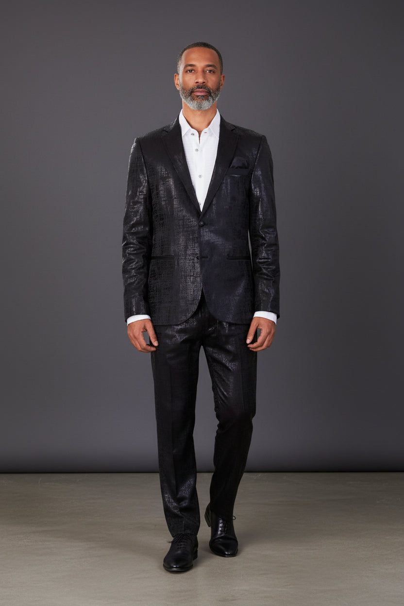 Brushstroke shiny foil print tech stretchy blazer with quilted sleeves