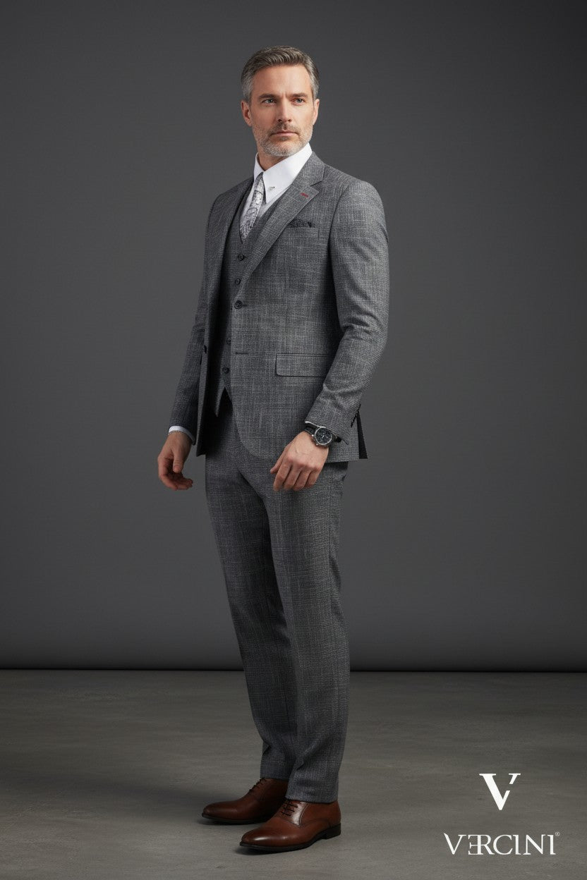 Vercini Charcoal Glen Check Three-Piece Suit | Premium Wool