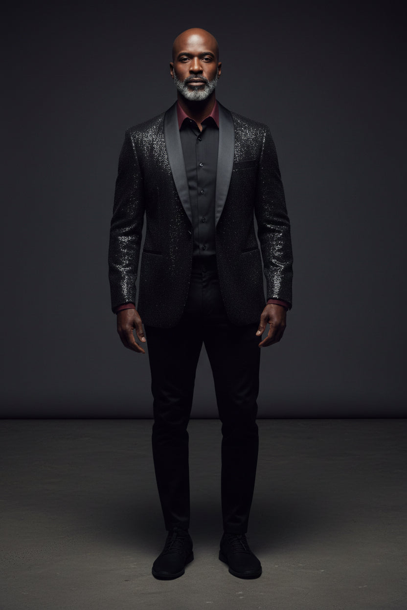 Black Shiny Disco Blazer with Satin Lapel - Premium Tuxedo Jacket