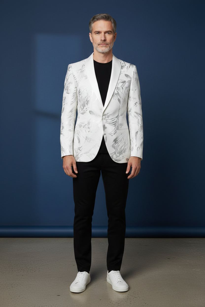 Vercini Monarch Brush Tuxedo Jacket - Black Shawl Lapel Blazer with Silver Abstract Design