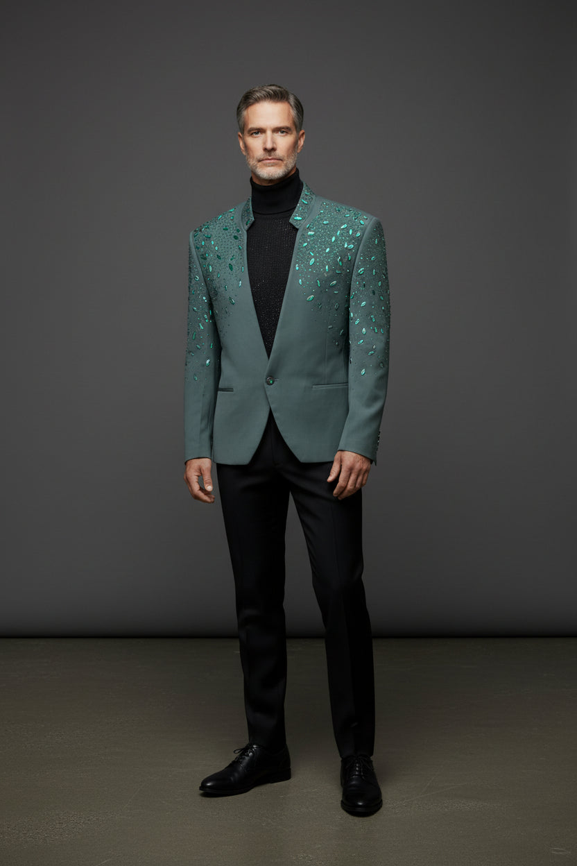 Tears in Heaven Black and Gold Rhinestone Slim Fit Dinner Blazer