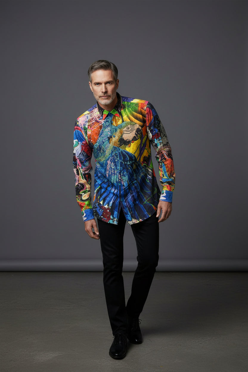 Tropical Parrot Print Luxury Shirt - Vibrant Blue Multi-Color Statement Piece
