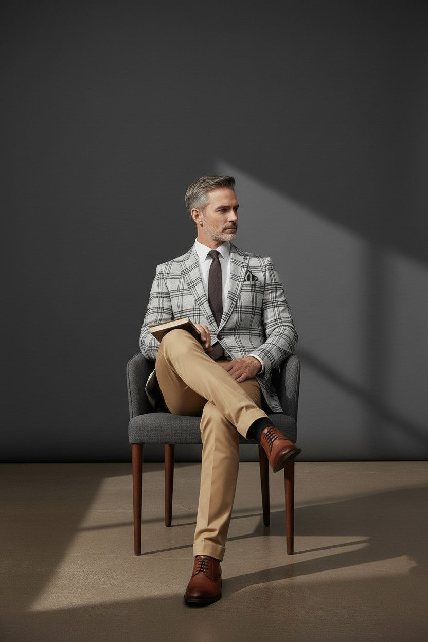 Men's Cream Plaid Suit with Bow Tie - Classic Tailored Blazer Set