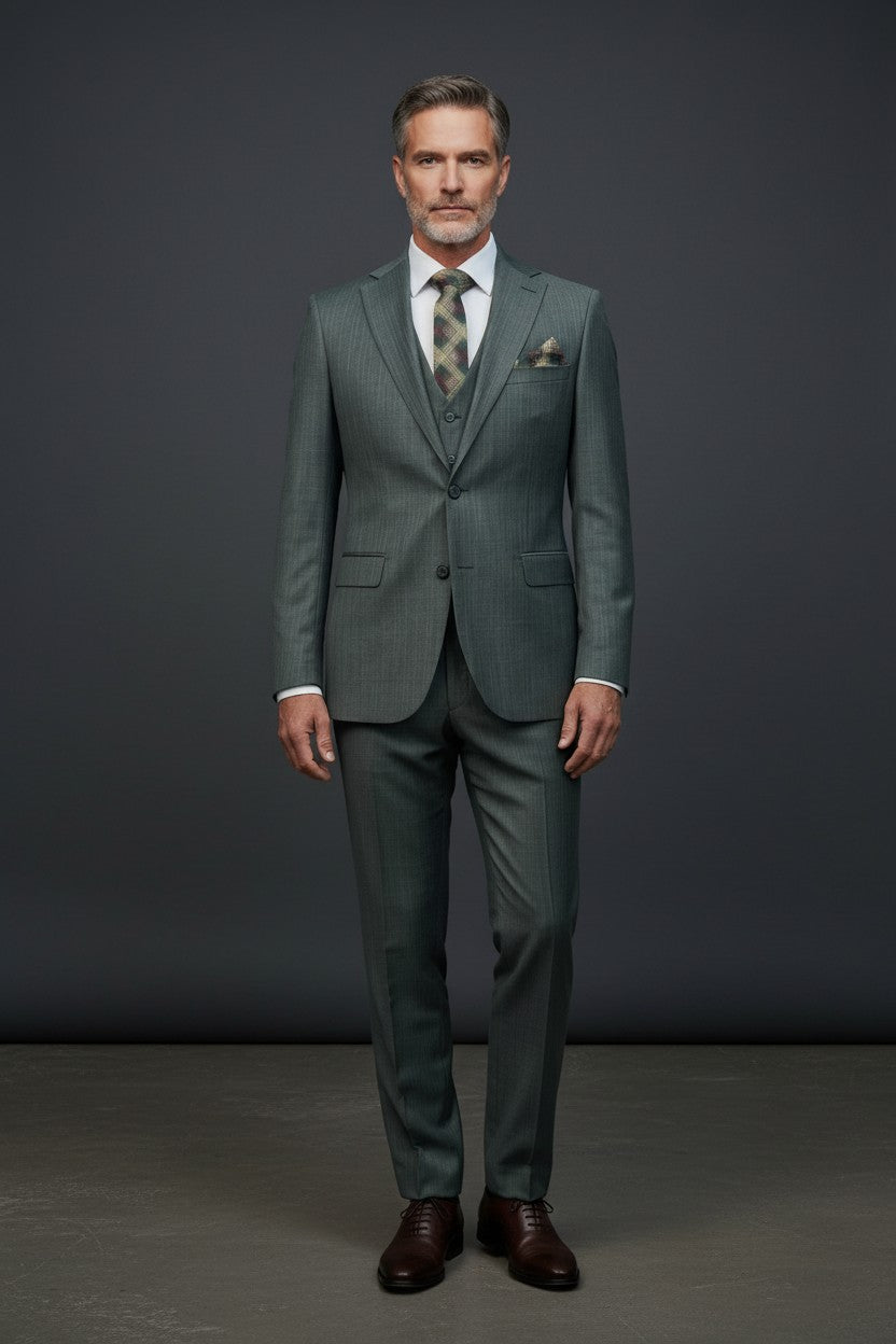 Refined Elegance: Light Green 3-Piece Suit with Subtle Stripes