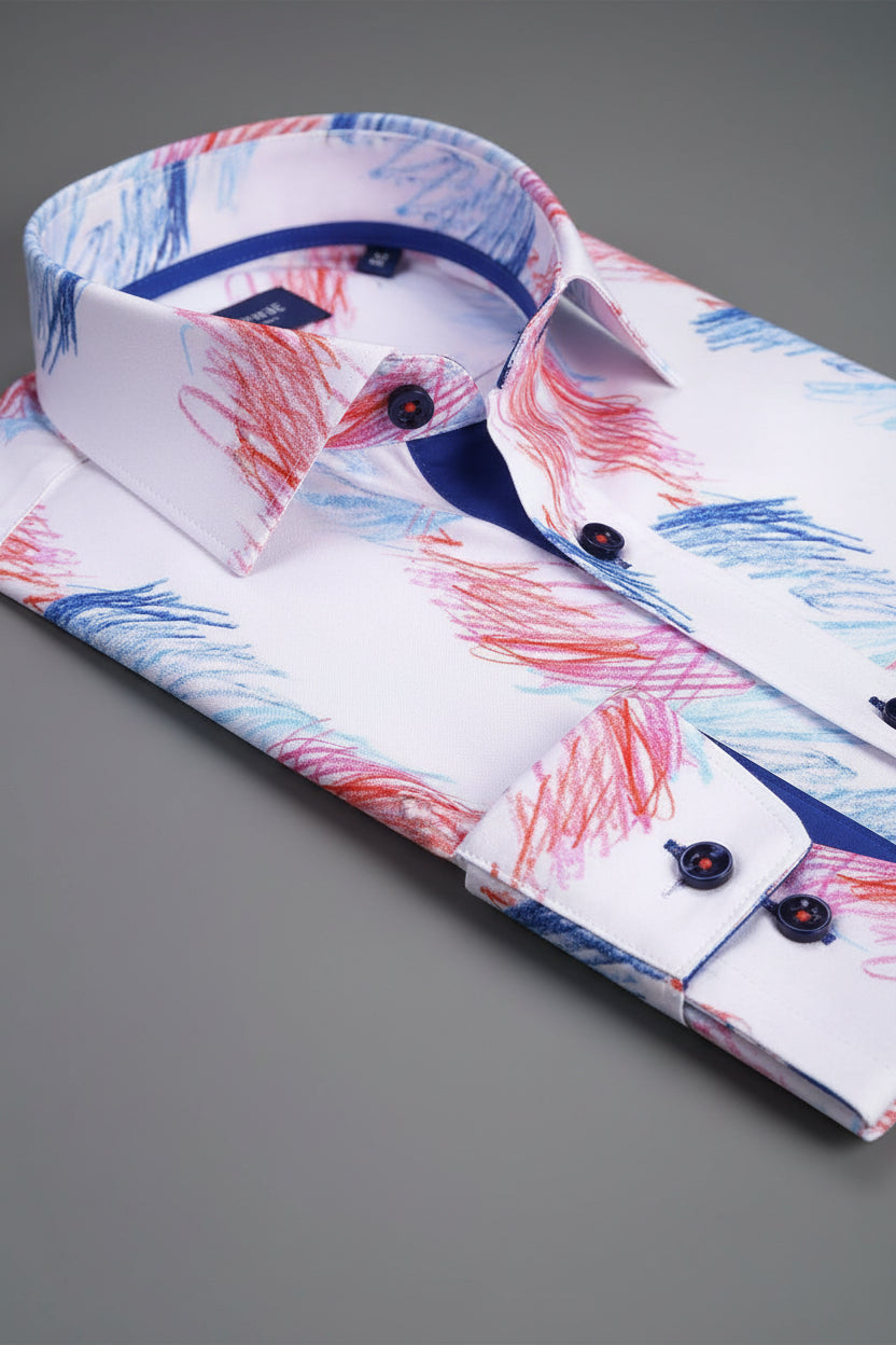 Vercini White Abstract Brush Stroke Button-Up Shirt – Modern Artistic Print Dress Shirt
