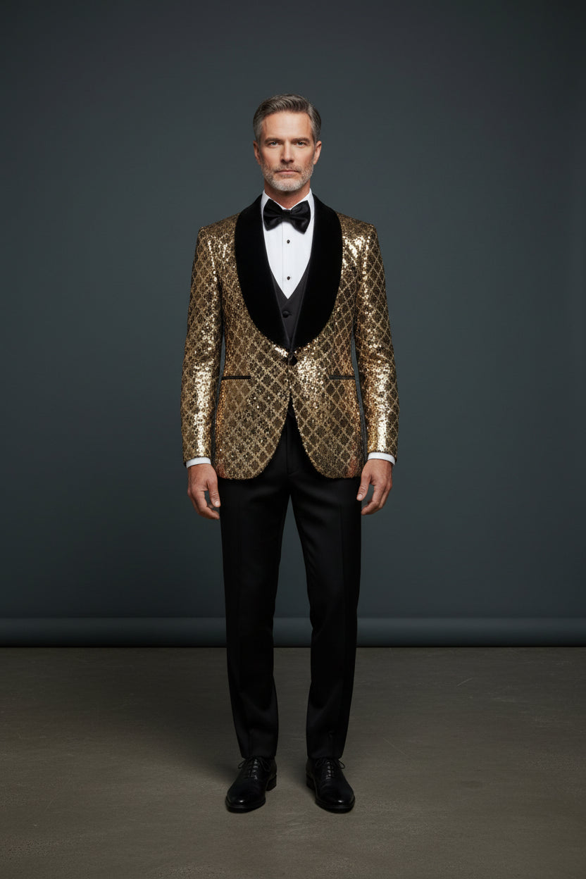 Geometric Splendor Vercini Tuxedo - Sequin Embellished Velvet Lapel