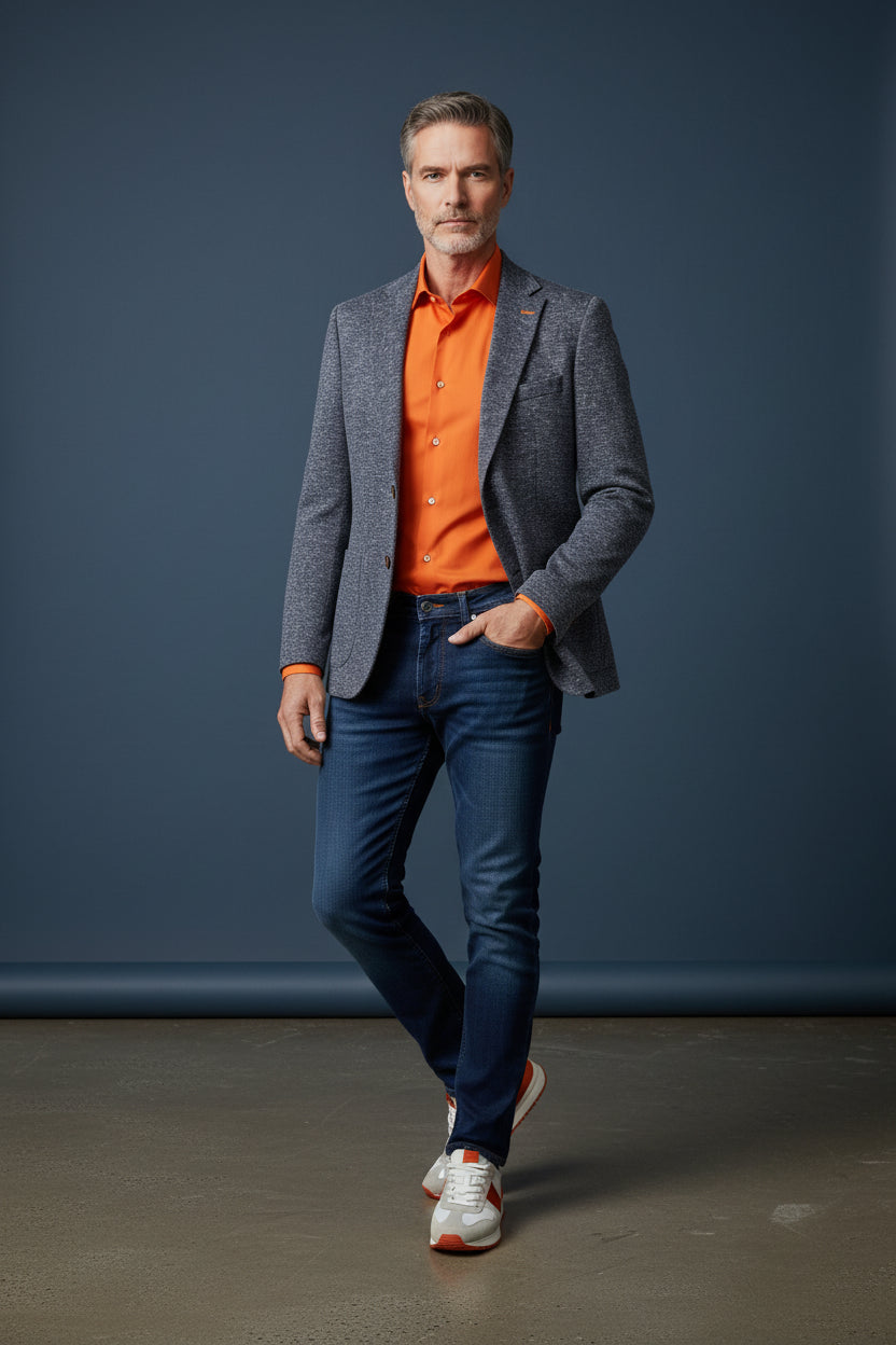 Navy Speckled Single-Breasted Blazer with Orange Detailing