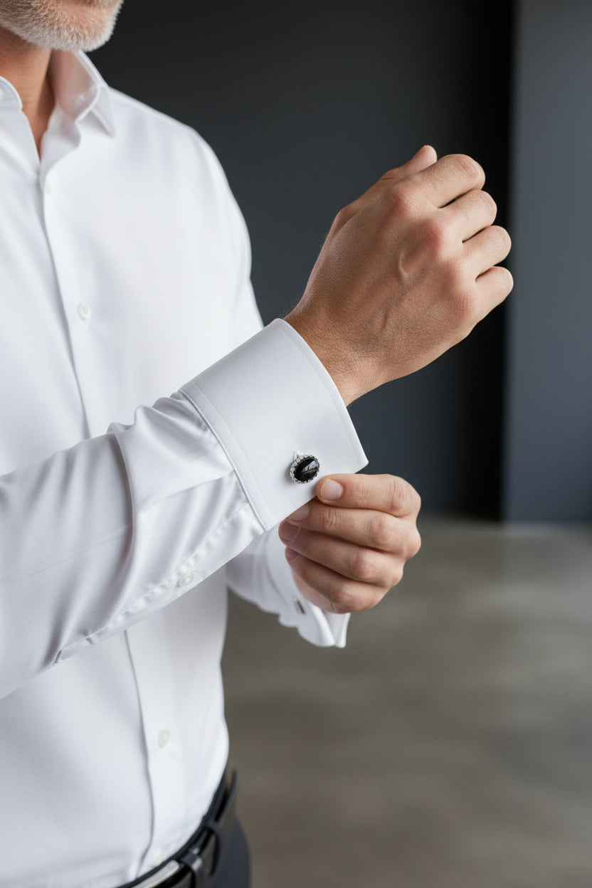 Vercini Men's Oval Black Onyx-Style Cufflinks with Silver-Tone Textured Border