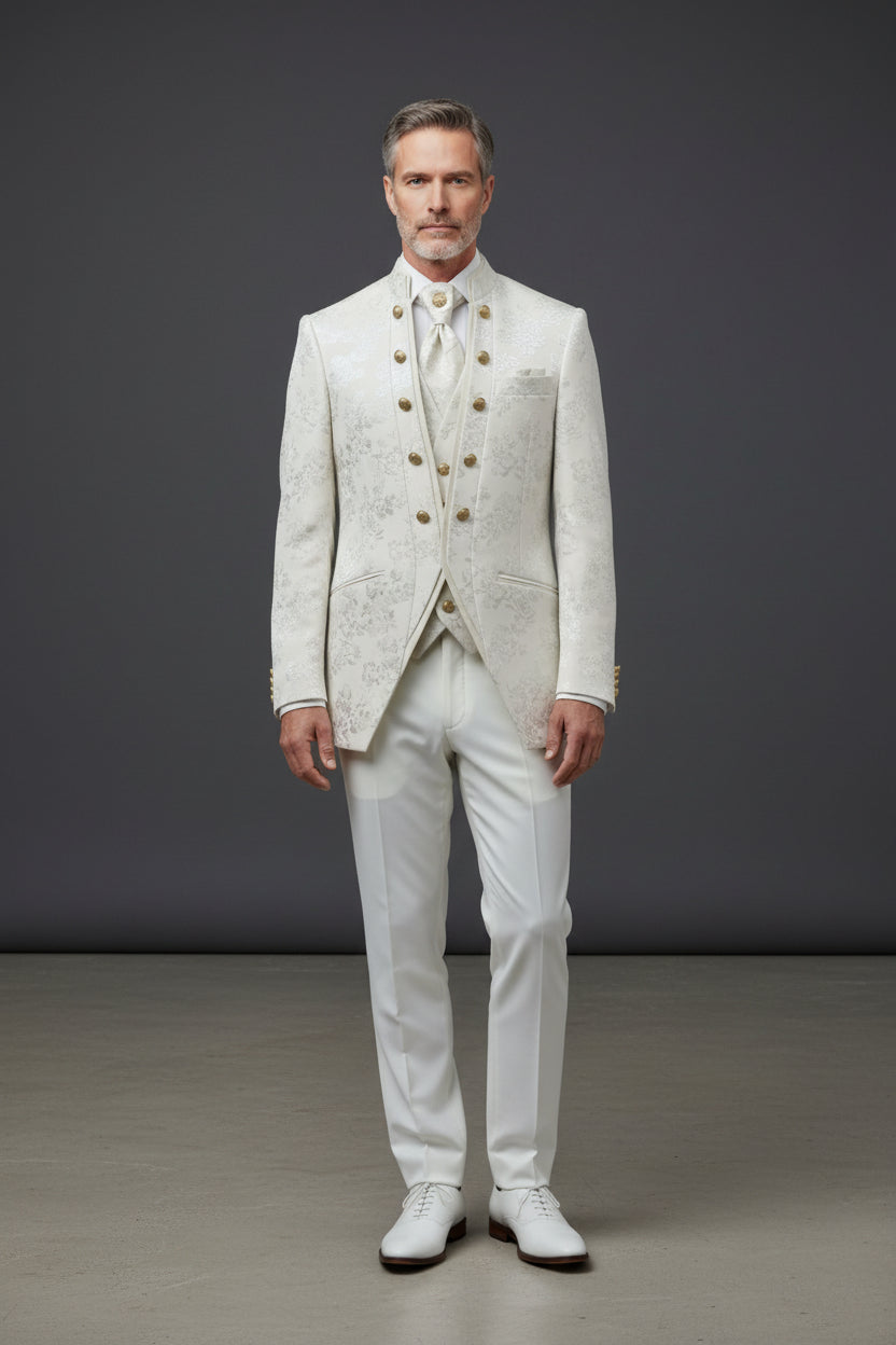 Ivory Floral Jacquard Tuxedo with Gold Accents