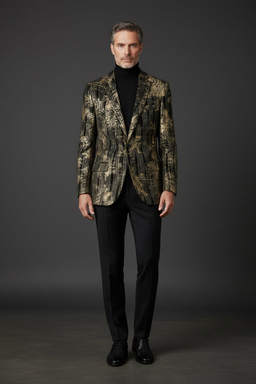 Baroque Velvet Blazer - Vintage Gold & Black Ornate Luxury Jacket