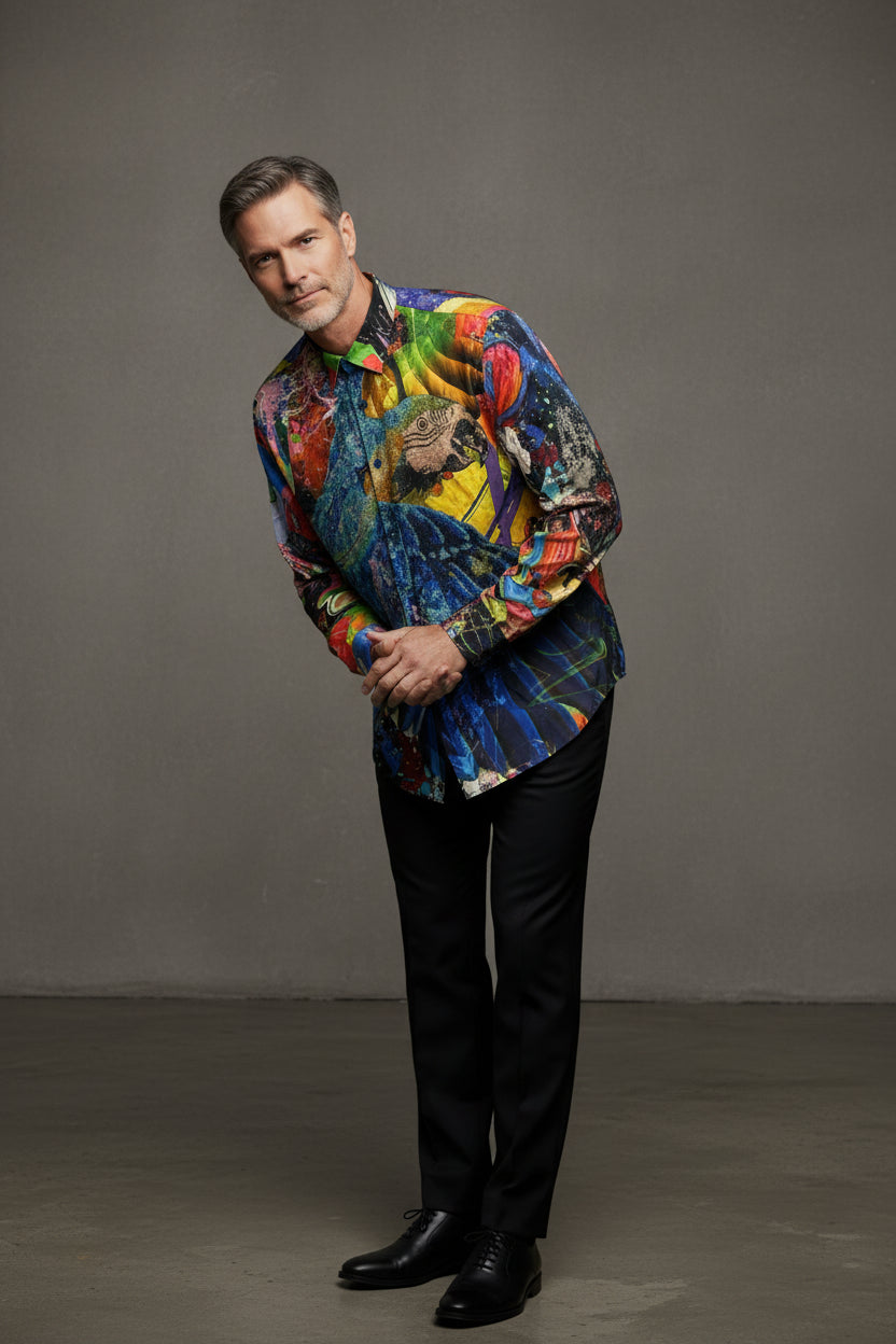 Tropical Parrot Print Luxury Shirt - Vibrant Blue Multi-Color Statement Piece