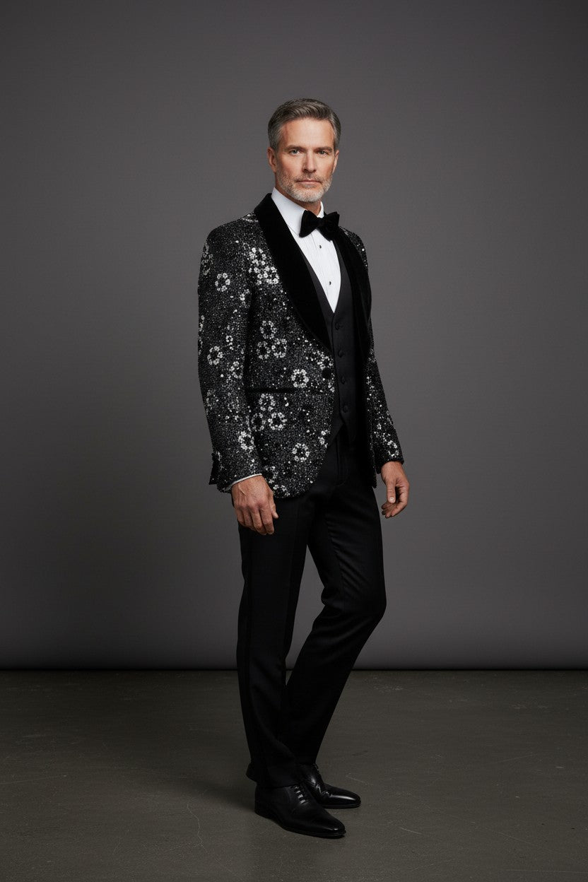 Floral Spark Sequined Tuxedo - Midnight Gray