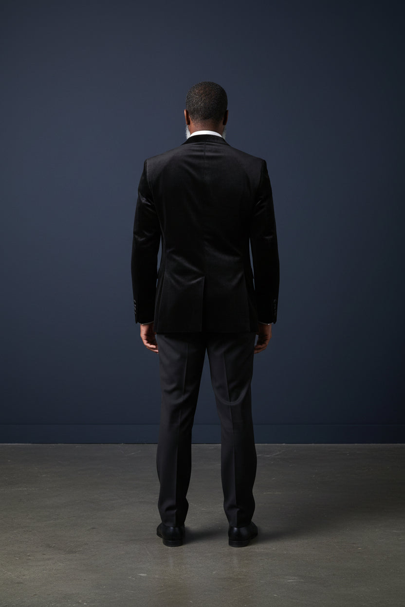 Vercini black velvet sport jacket with a satin trim on the lapel