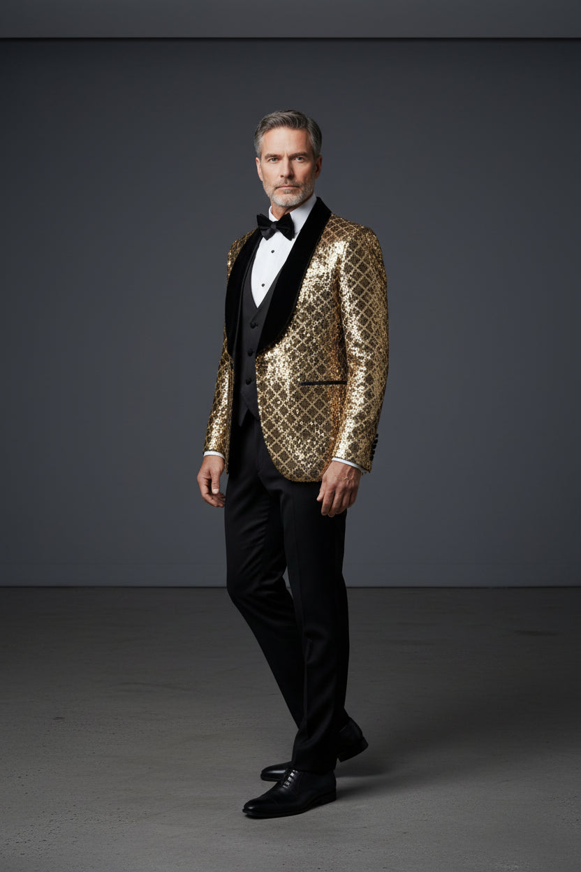 Geometric Splendor Vercini Tuxedo - Sequin Embellished Velvet Lapel