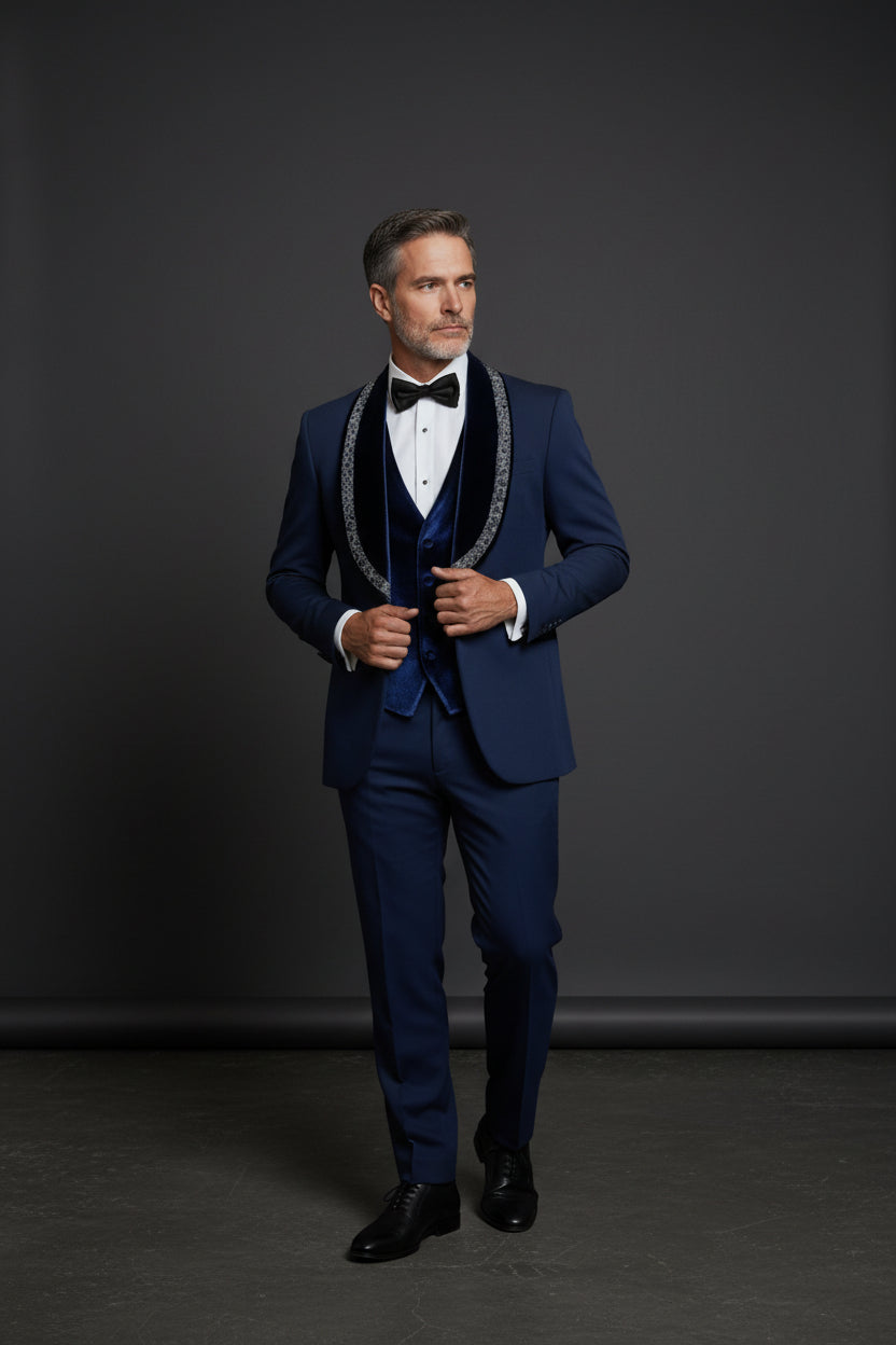 Men's Deep Blue Velvet Tuxedo with Crystal Embellished Lapel - Vercini