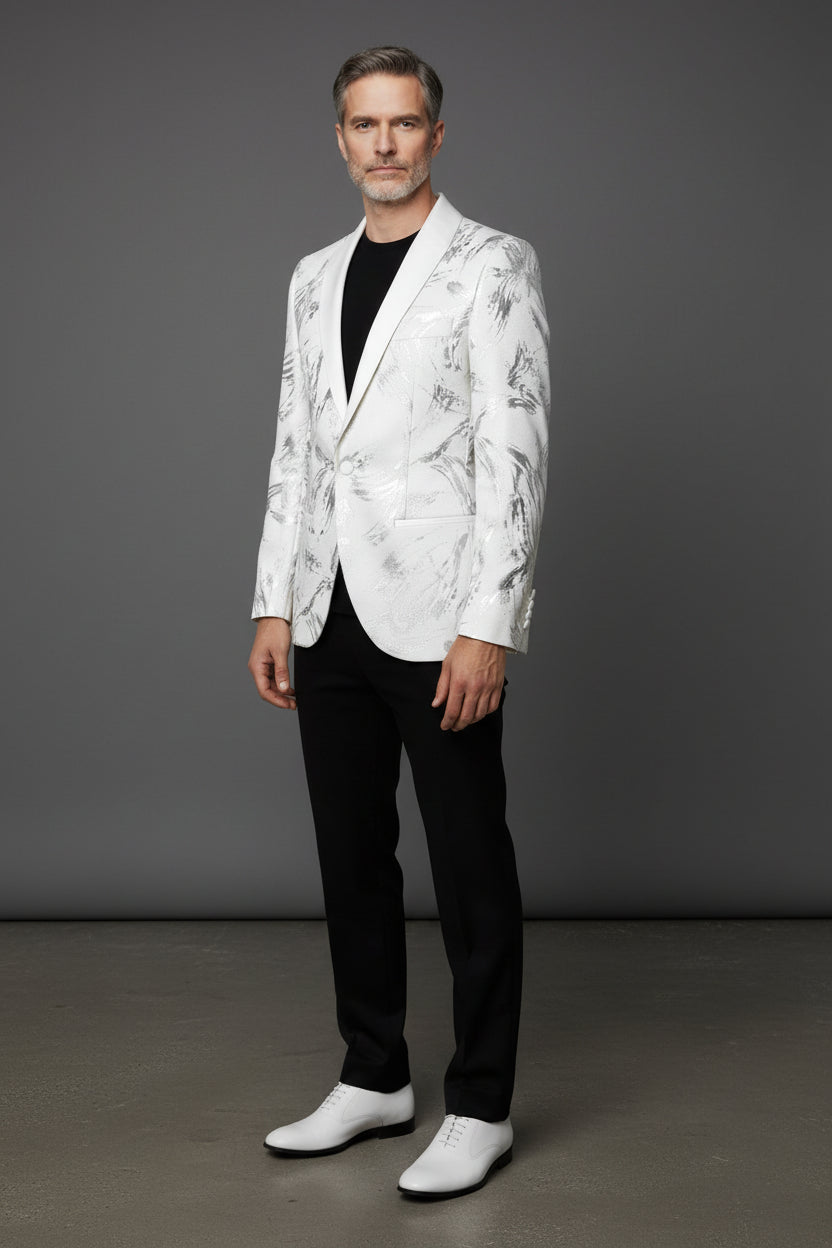 Vercini Monarch Brush Tuxedo Jacket - Black Shawl Lapel Blazer with Silver Abstract Design