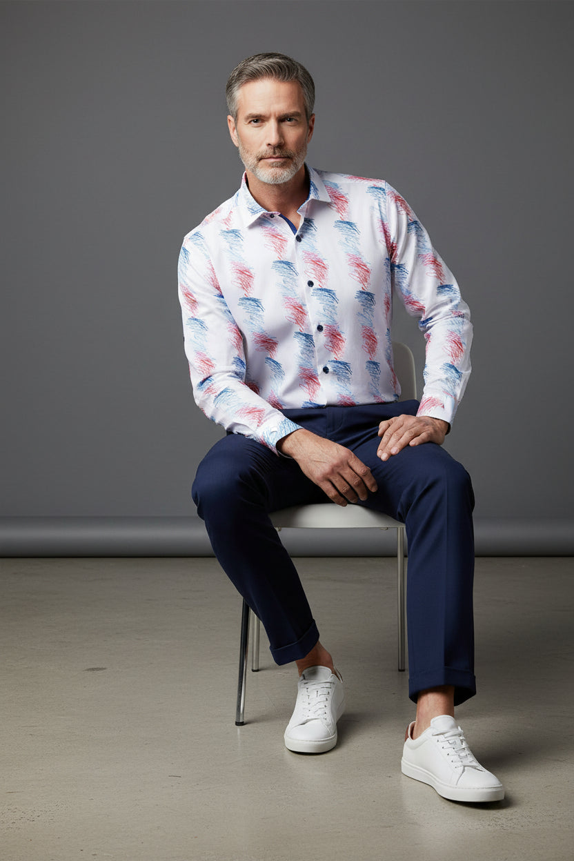 Vercini White Abstract Brush Stroke Button-Up Shirt – Modern Artistic Print Dress Shirt