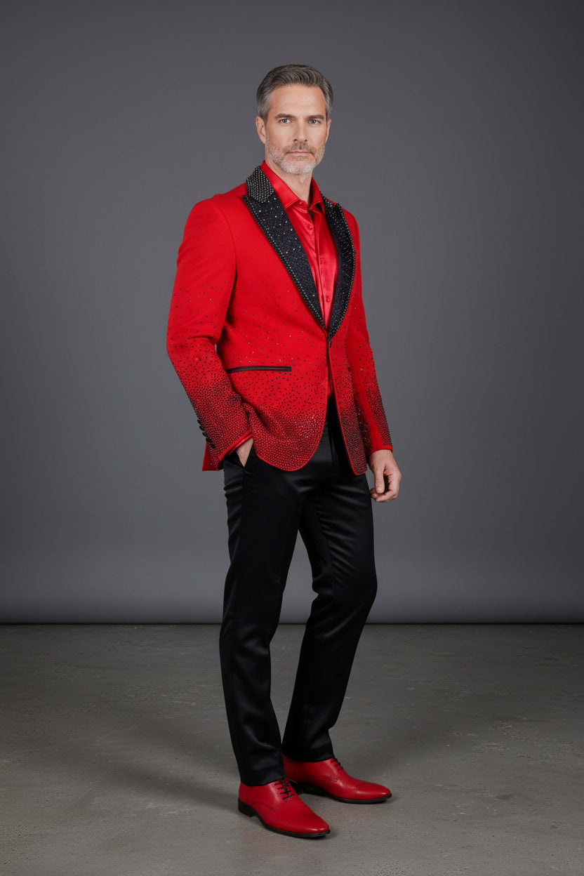 Men’s Slim-Fit Crystal-Embellished Blazer with Studded Quilted Lapels