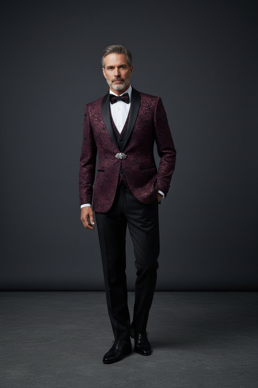 Burgundy Tuxedo with Crochet Pattern - Slim Fit