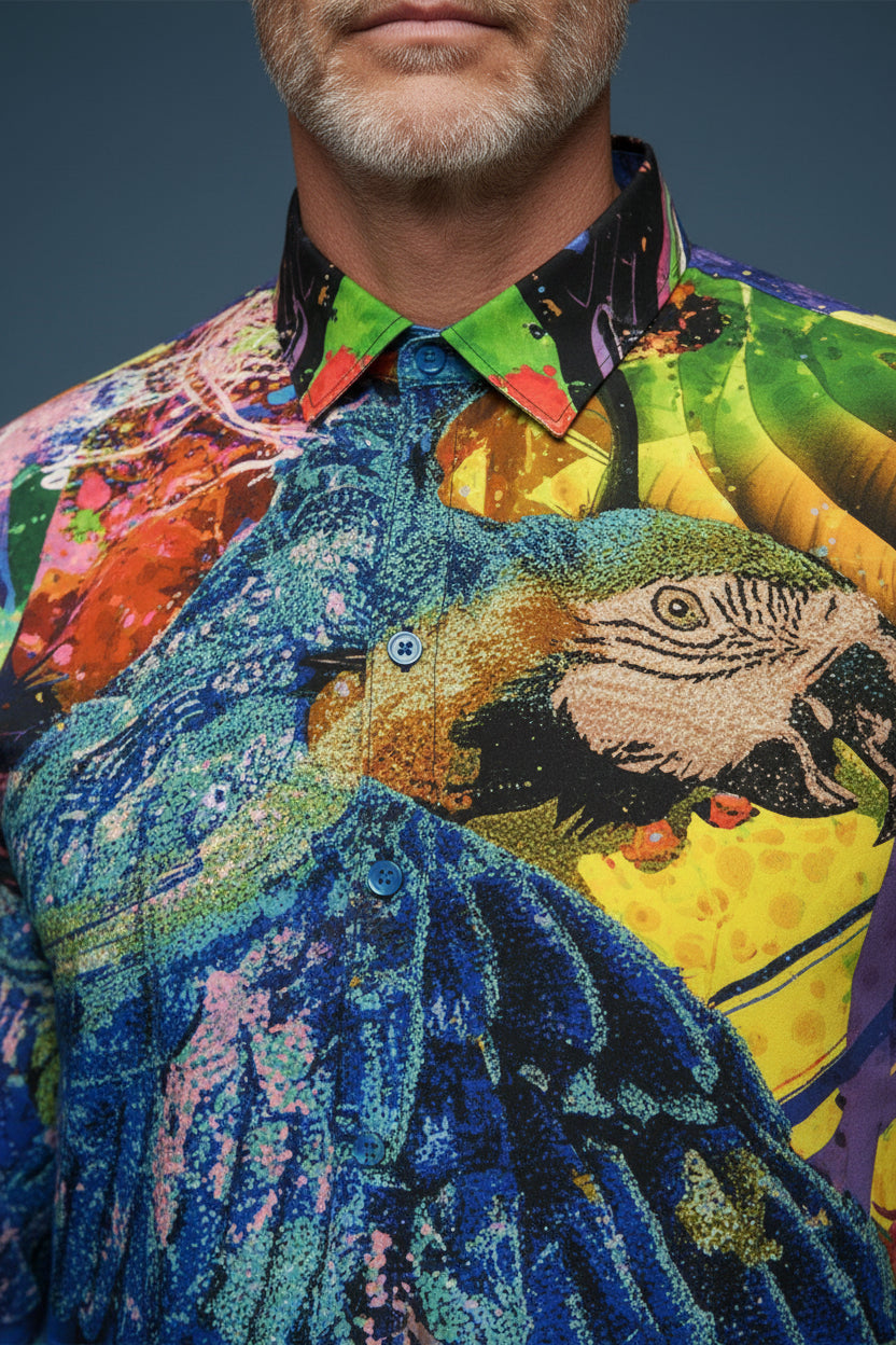 Tropical Parrot Print Luxury Shirt - Vibrant Blue Multi-Color Statement Piece