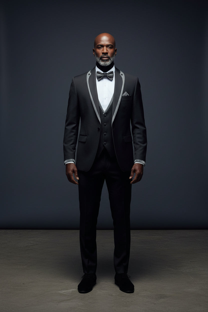 Vercini Evening Tuxedo featuring a sleek shawl lapel adorned with a striking shiny red trim.g