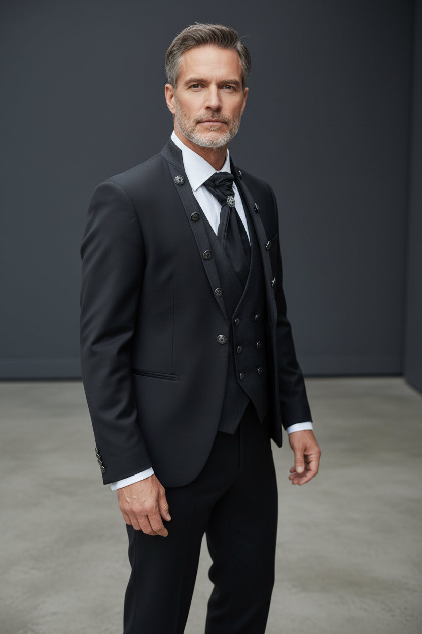 Black Tuxedo with Patterned Vest - Slim Fit