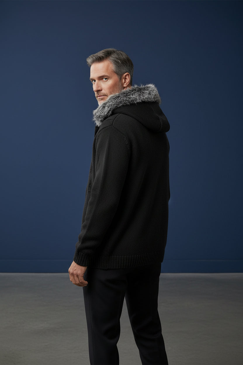 Fur-Trimmed Hooded Long Cardigan
