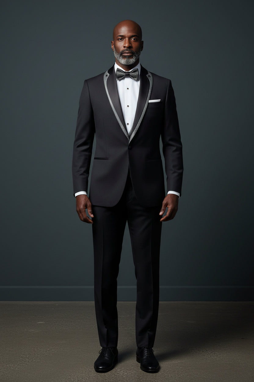 Vercini Evening Tuxedo featuring a sleek shawl lapel adorned with a striking shiny red trim.g