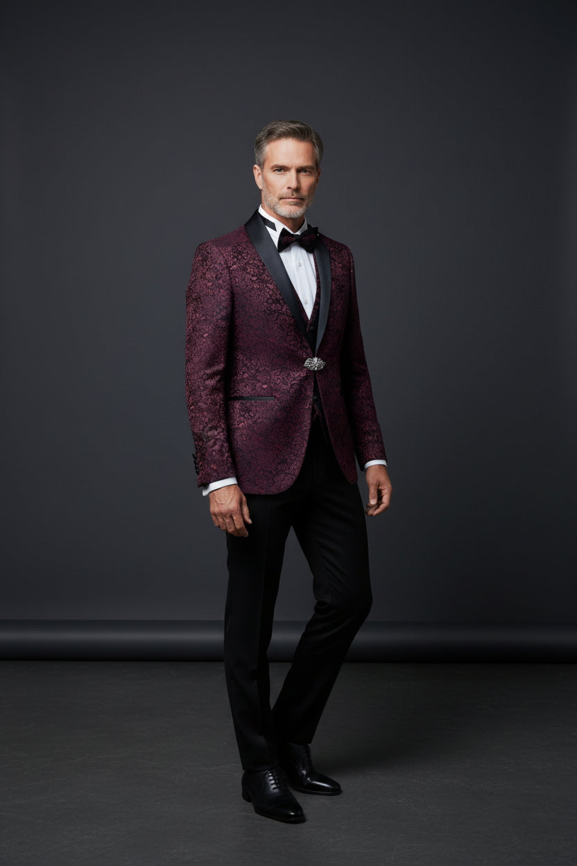 Burgundy Tuxedo with Crochet Pattern - Slim Fit
