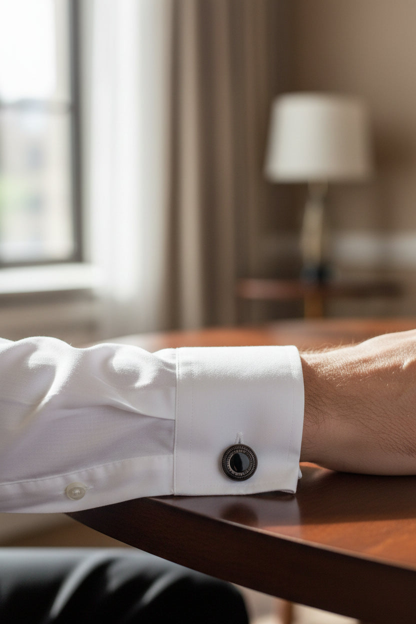 Vercini Elegant Black & Silver Circular Cufflinks in Presentation Box