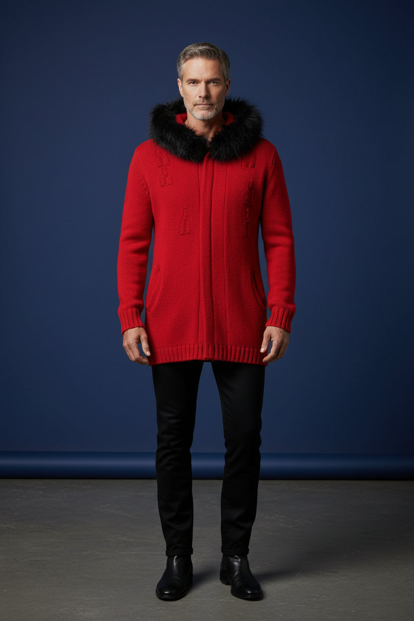 Fur-Trimmed Hooded Long Cardigan