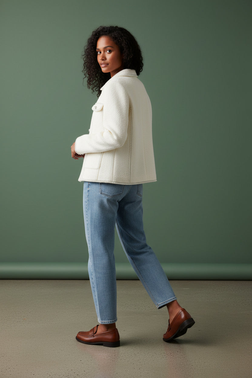 Ivory Pearl-Embellished Tweed Jacket