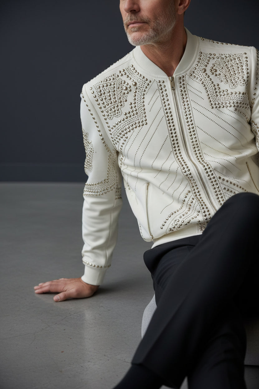 Gold Stud White Luxury Jacket - Premium Embellished Statement Outerwear