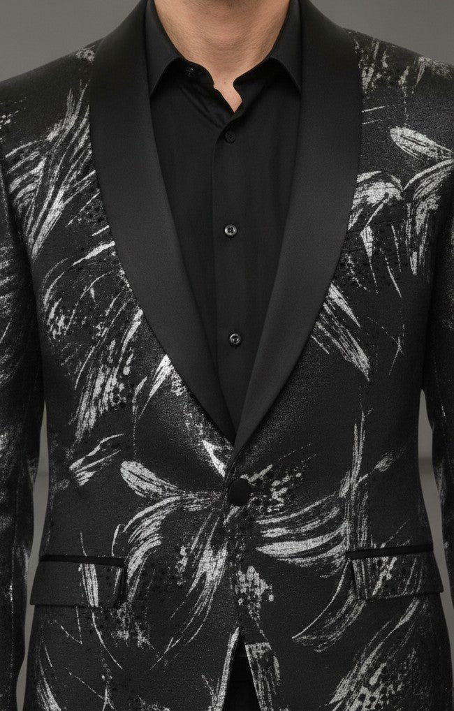 Vercini Monarch Brush Tuxedo Jacket - Black Shawl Lapel Blazer with Silver Abstract Design