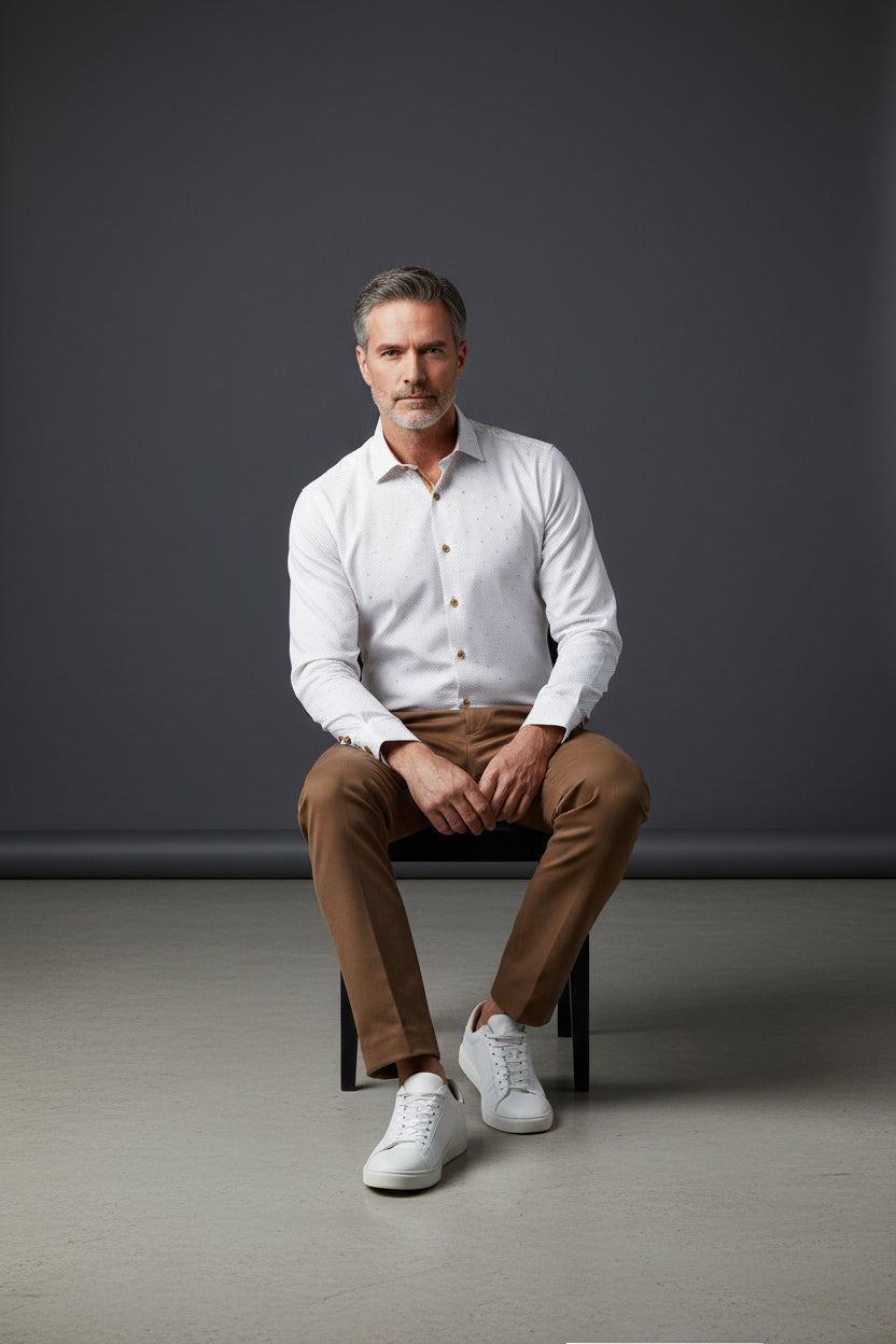 Vercini White Dotted Dress Shirt with Tan Contrastercini