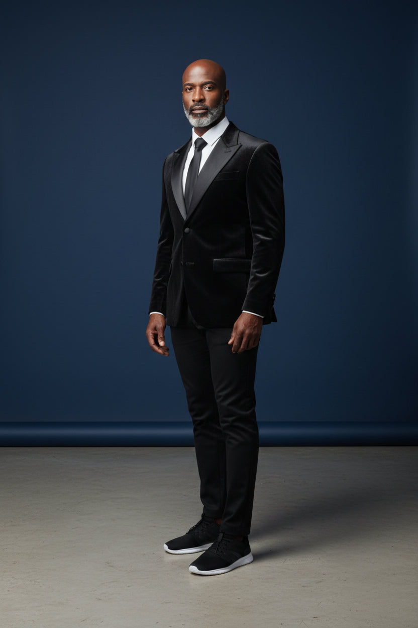 Vercini black velvet sport jacket with a satin trim on the lapel